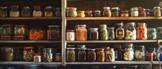 A pantry shelf filled with neatly organized jars of preserved foods and spices.