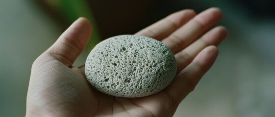 A hand holding a textured pumice stone, emphasizing its rough surface and natural form, with a blurred background.