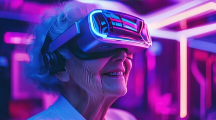 A smiling senior woman wearing a VR headset in a neon lit room, exploring the virtual world.