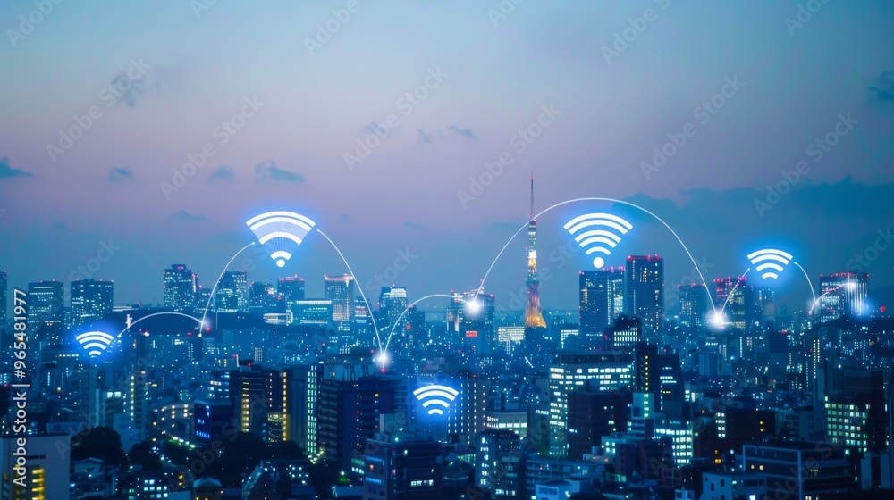 Poster a cityscape with skyscrapers and visible wireless network connections in the sky