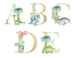 Vector watercolor dinosaurs letters for invitation card, nursery poster and other.