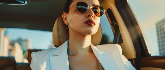 Naklejka premium A stylish woman in sunglasses and a white blazer sits confidently in a car, exuding an air of power and sophistication.