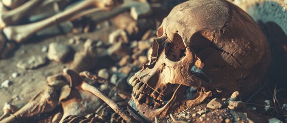 A weathered human skull alongside scattered bones lies in a dry, desolate landscape under dim light, evoking feelings of history and mortality.