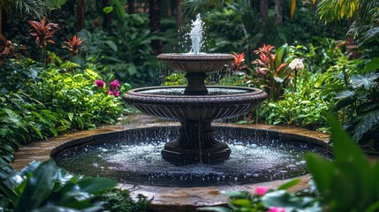 Water fountain cascading into basin in lush garden