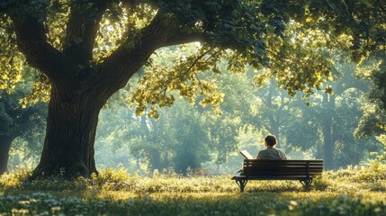 Man reading a book on a bench under a tree in a peaceful park