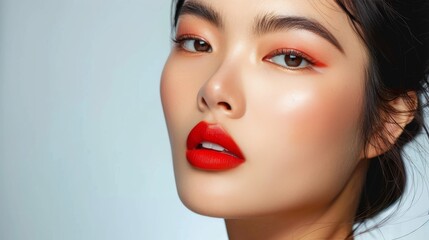 Fototapeta premium Asian woman with striking red lipstick and smooth, glowing skin