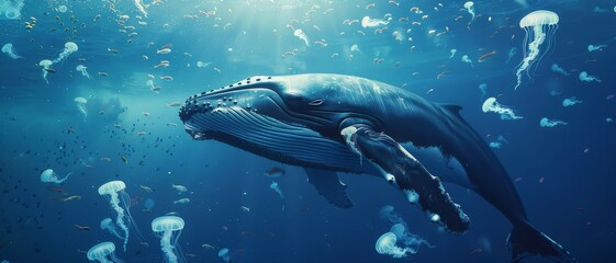 Fototapeta premium A majestic humpback whale glides through an ocean teeming with jellyfish, showcasing the wondrous life beneath the sea.