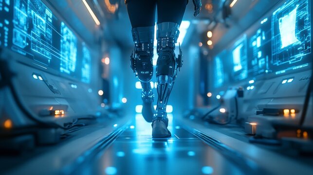 Person with bionic legs walking in futuristic laboratory corridor