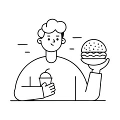  Sweet tooth man on diet tempted by hamburger black doodle line art flat vector illustration on white background.