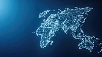 A world map designed with glowing connections highlights the global network of digital technology, ideal for illustrating business and internet concepts