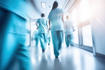 Hospital staff in blue scrubs walking dynamically through a corridor – Concept for healthcare, nursing, and medical services