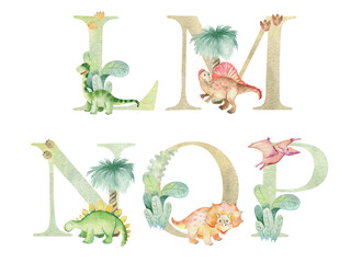 Vector watercolor dinosaurs letters for invitation card, nursery poster and other. © Tapilipa