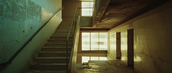 Fototapeta premium An abandoned stairwell bathed in eerie yellow light, desolate and forgotten, capturing the melancholic beauty of urban decay and lost times.