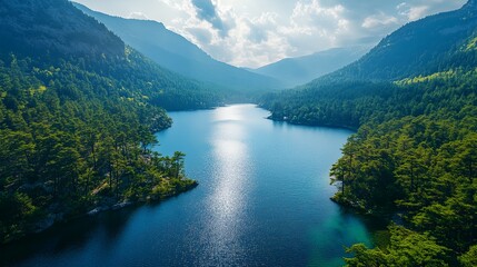 Obraz premium a lake surrounded by mountains and trees in the middle of the day