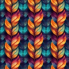 A vibrant pattern featuring colorful leaves with intricate details against a dark background.