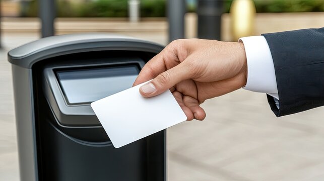 A businessman inserts a plastic card into a turnstile at the office entrance, ready to access the building during busy work hours