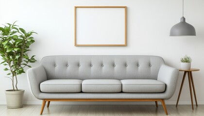 Modern living room with grey sofa and blank mock up poster frame in mid century style design