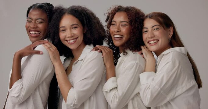 Women, happy and diversity in studio for beauty, solidarity and bonding together with row, unity and face. Friends, support and inclusion on white background for natural, portrait and confidence