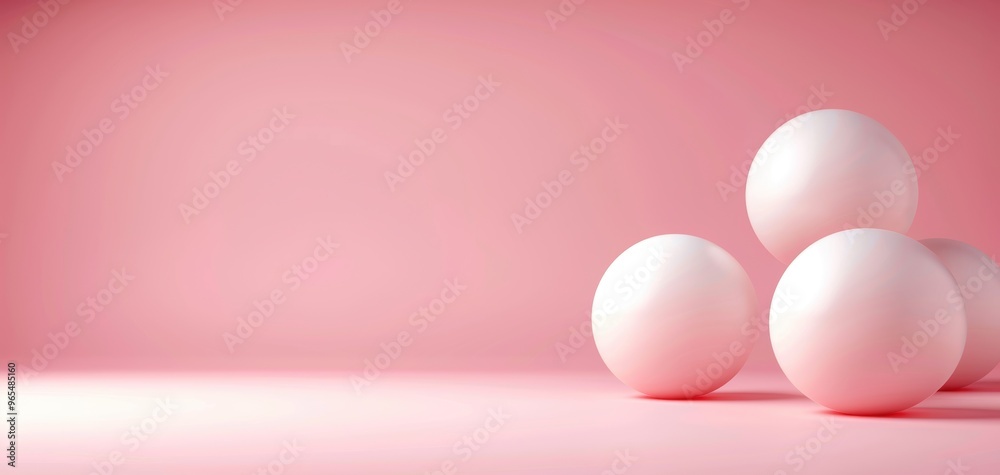 Poster minimalistic composition showcasing smooth white spheres on a soft pink background, ideal for design