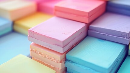 a stack of colorful blocks of colored paper on a table top with a blurry background of pastel colors