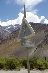 Traffic sign along the Bartang Valley in the Gorno-Badakhshan region in Tajikistan