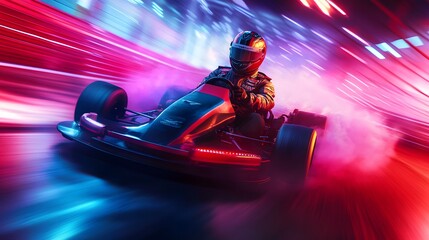 A go-kart drifting around a tight corner with a driver in bold, racing gear, tire smoke swirling around, bright track lights and dynamic motion blur creating an action-packed, high-adrenaline mood