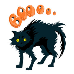Black Cat arched says Boo Halloween illustration design element,sticker,print.Chloe black cat stands arched.Hand drawn vector illustration for Halloween concept