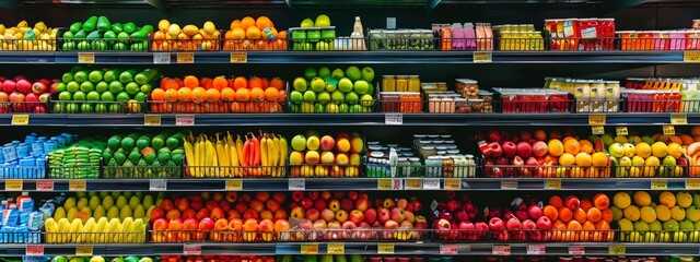 Supermarket display of fresh fruits and vegetables on shelves © Juan