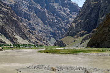 Landscape and village along the Bartang Valley in the Gorno-Badakhshan region in Tajikistan