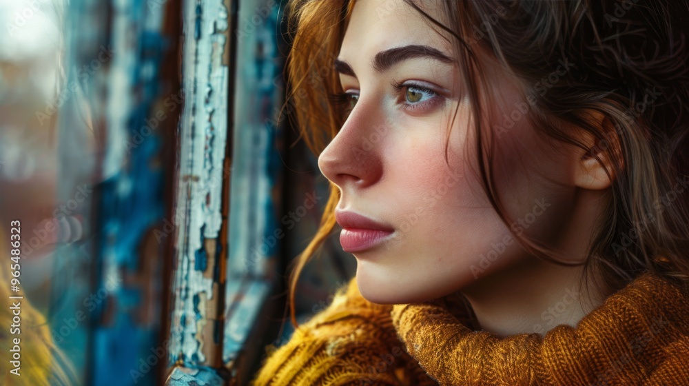 Poster Contemplative woman looking out the window