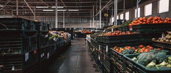 Fototapeta premium Fresh, colorful vegetables neatly arranged in crates in a spacious market, showcasing the abundance and diversity of produce.