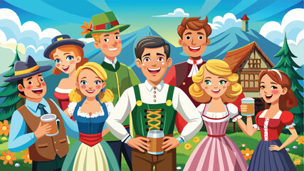 A cheerful group of people dressed in traditional Bavarian costumes, celebrating outdoors with mountains and a house in the background, holding beer mugs and smiling.