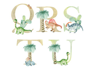 Vector watercolor dinosaurs letters for invitation card, nursery poster and other. © Tapilipa