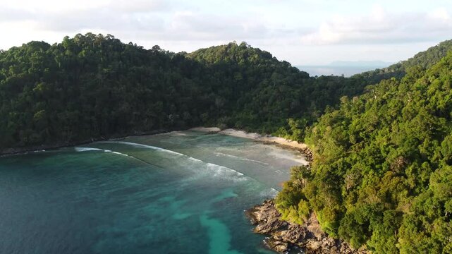 Aerial landscape view of Andaman Sea at Surin National Park a tropical island in turquoise sea coral reefs, Phang-Nga, Thailand