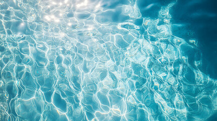 Fototapeta premium Top view on clear blue pool water surface with ripples and light reflections