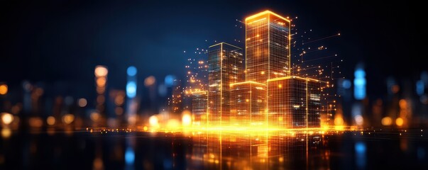 Obraz premium Illuminated city skyline with glowing skyscrapers in a futuristic design, showcasing technology and innovation.