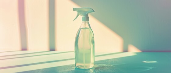 A sunlit spray bottle sits on a surface, casting shadows and creating a gentle, reflective ambiance.