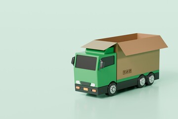 3D Green Truck delivery express car icon on isolated purple background. Online shopping, E-commerce and Send a parcel delivery service concept. Minimal Cartoon Van truck logistic icon. 3d render.