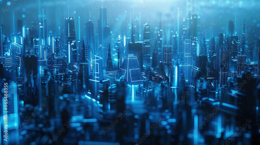Poster futuristic cityscape with visible wireless network links and devices