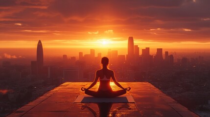 Young woman practicing yoga at sunrise over city skyline