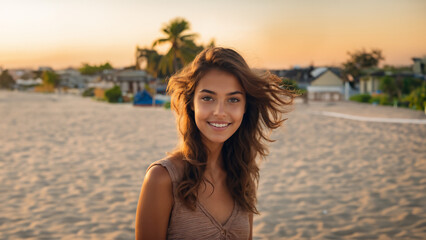 A radiant brunette girl with flawless skin beams at the camera, her natural makeup glowing in the sunlight. Her neat hair and joyful expression capture the essence of youthful beauty