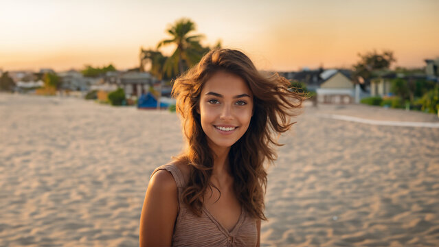 A radiant brunette girl with flawless skin beams at the camera, her natural makeup glowing in the sunlight. Her neat hair and joyful expression capture the essence of youthful beauty