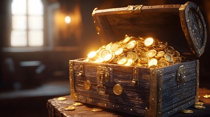 3D rendering of a treasure chest filled with glistening gold coins, front view, soft ambient light accentuating the richness, blurred background resembling a mysterious treasure chamber, elaborate