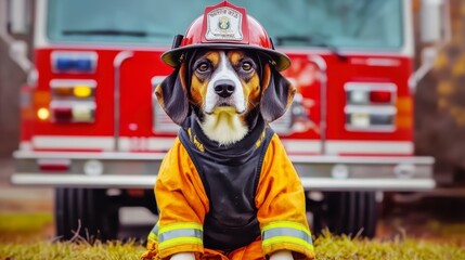 Obraz premium A firefighter dog sits in front of a fire truck in a yellow helmet and red uniform
