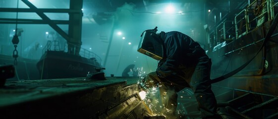 A welder works on a ship construction in a dimly lit industrial setting, surrounded by sparks and an almost mystical atmosphere.