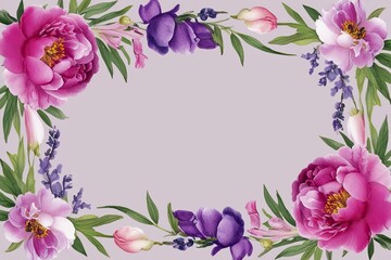 Fototapeta premium Stunning Watercolor Floral Border Featuring Peony and Snapdragon in Pink and Lavender for Elegant Botanical Get Well Cards