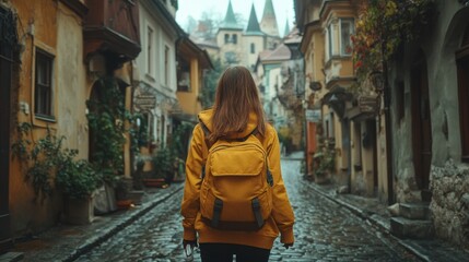 Obraz premium Tourist walking down cobblestone street in historic city center