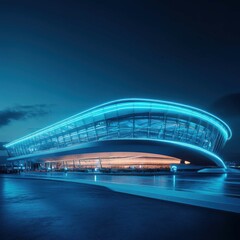 Obraz premium A modern architectural building illuminated by blue lights, showcasing innovative design and contemporary elegance at night.