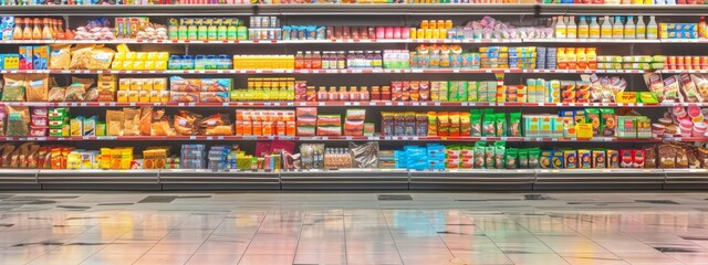 Brightly lit supermarket aisle with diverse grocery products