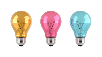 Collection of light bulb 3d icon cartoon style floating on transparent background, cut out png